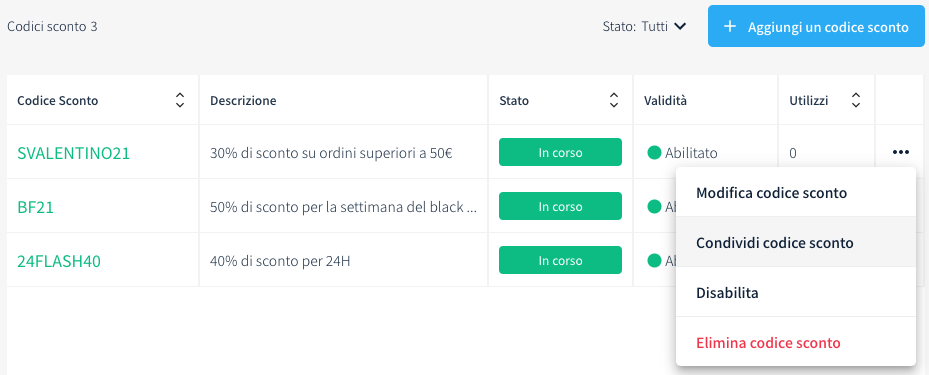 esempi di codici sconto creati con vetrina live ecommerce