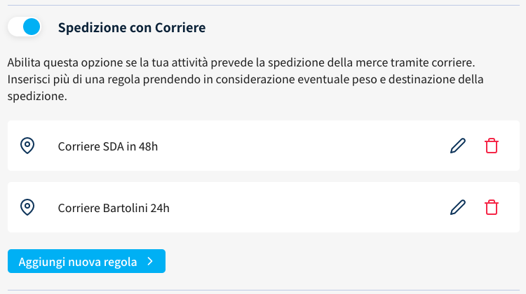 Opzioni di consegna bottone aggiungi nuova regola