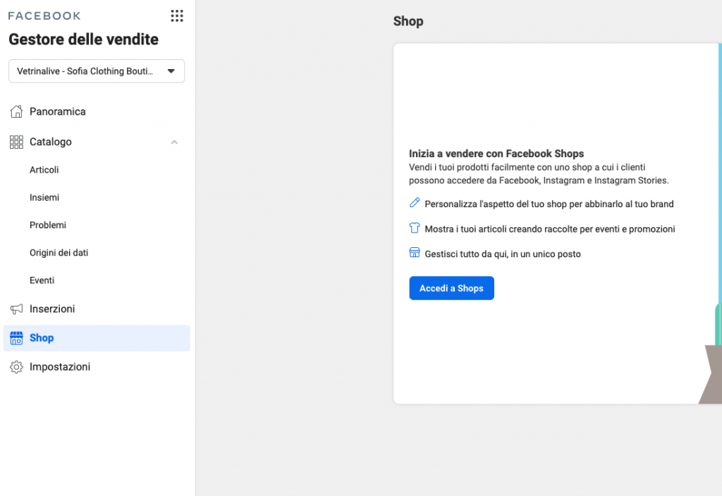 accedi a Shops di facebook per creare il tuo shop