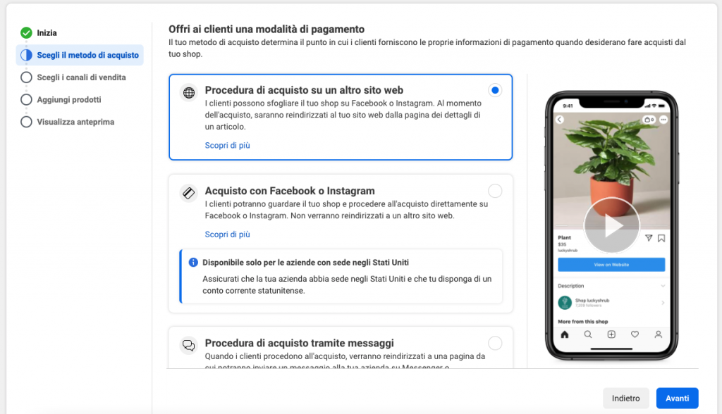 metodo di acquisto sul facebook shop con procedura di acquisto su un altro sito web