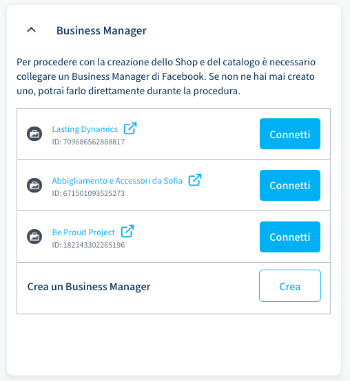 seleziona o crea un business manager facebook