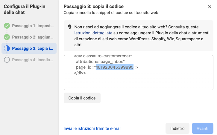 Copia il codice page_id per inserirlo nell'estensione su vetrinalive